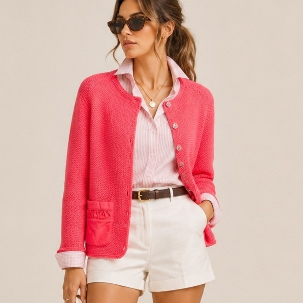 Pure Handknit Pink Cotton Cardigan Mismatched Buttons Cottage Teacher Size SM